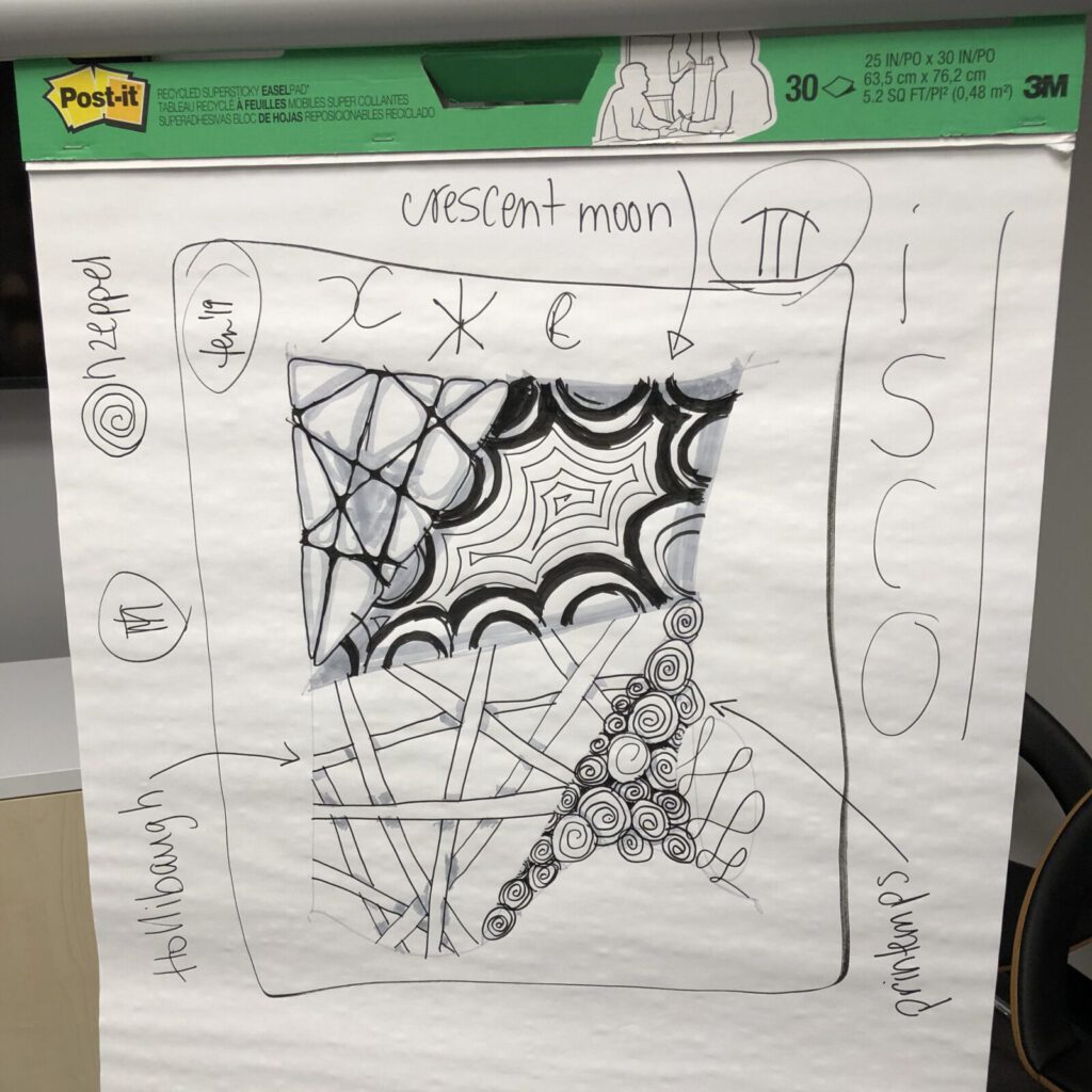 A Zentangle tile pinned to a flip chart beside handwritten teaching notes