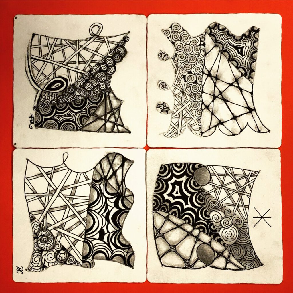 Four finished Zentangle tiles arranged on a red background