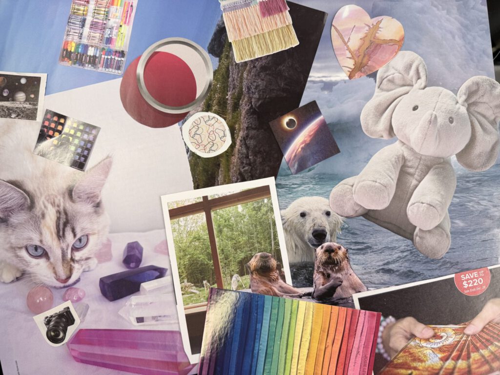 A set of SoulCollage cards including a cat, a toy elephant and coloured pencils