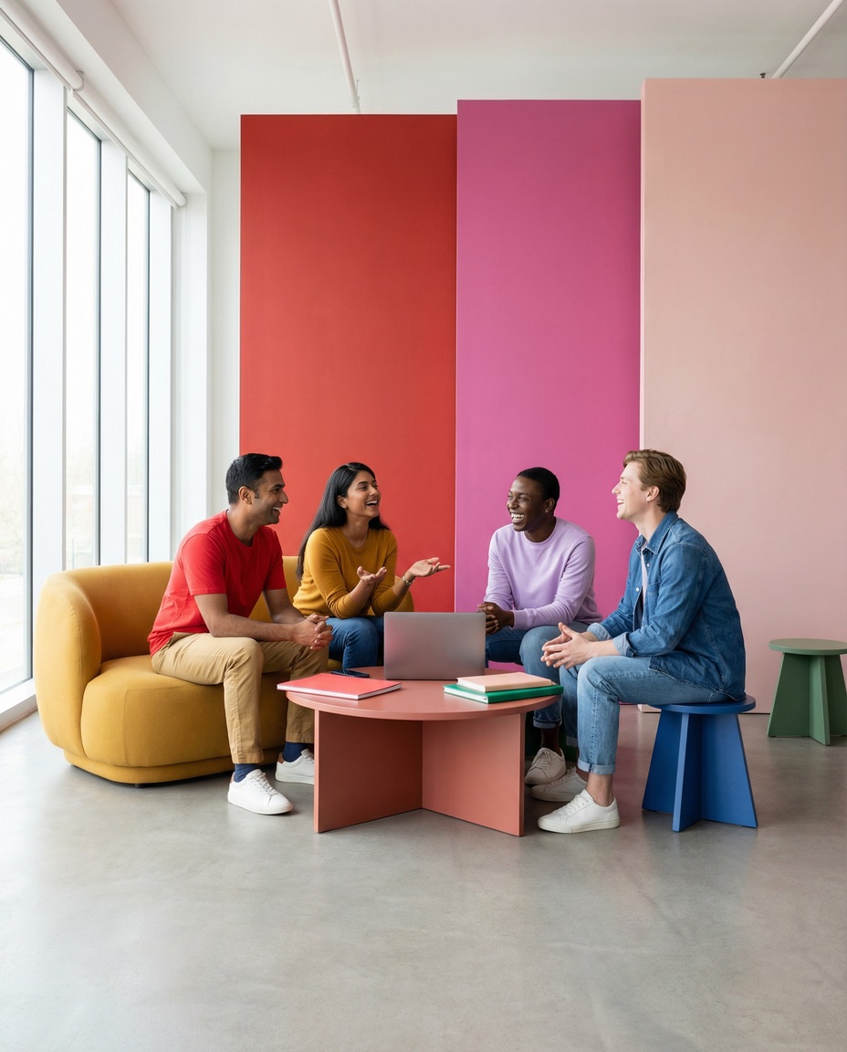 Four colleagues talking in a bright meeting space