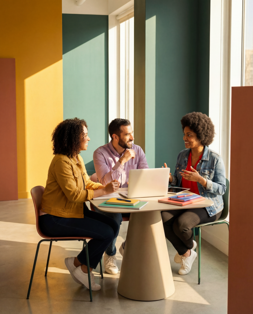Three colleagues in conversation around a table