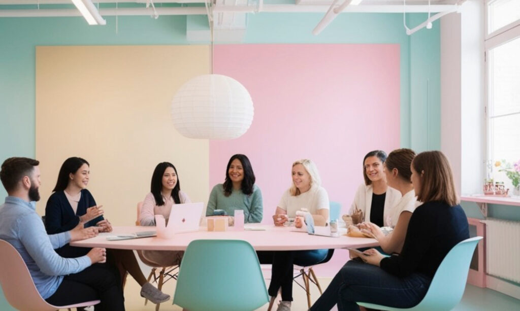 A group seated around a large table in a bright room